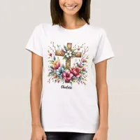 Christian Cross Encircled Artistic Spring Flowers T-Shirt