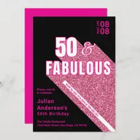 Chic Sparkling Black & Pink Fabulous 50th Birthday Invitation