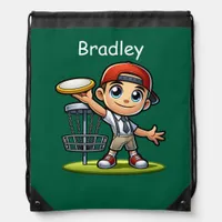 Cute Little Boy Playing Disc Golf Personalized Drawstring Bag
