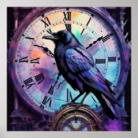 Raven on the Clock Watercolor Poster
