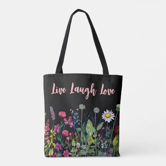 Multicolor Watercolor Wildflowers on Black Tote Bag