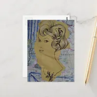 Vintage Hairstyles Woman and a Map Mixed Media  Postcard