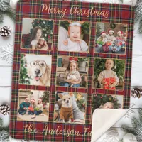 Family Christmas Plaid Gold Custom Photo Collage Sherpa Blanket