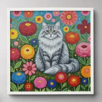 Fluffy Gray Striped Cat with Folk Art Flowers Peel And Stick Photo Tile