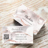 Rose gold white agate marble monogram QR code Business Card