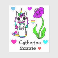 Rainbow Unicorn, Flowers and Name Sticker