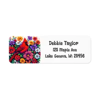 Red Cardinal and Flowers Pixel Art Label