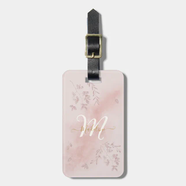 Rose Watercolor Leaves Name Monogram Luggage Tag