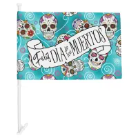 Sugar Skulls and Swirls Rose Turquoise ID725 Car Flag