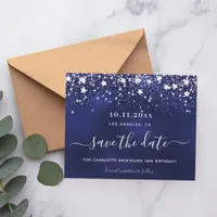 Birthday navy blue silver save date party budget flyer