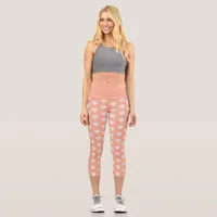 Chic Pastel Peach Summer White Hearts Patterned Capri Leggings