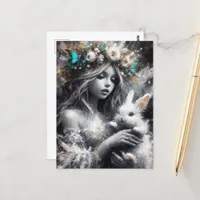 Fairy and Her Cute White Rabbit Postcard