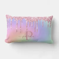 Glam Pink Glitter Drips Elegant Monogram  Lumbar P Lumbar Pillow