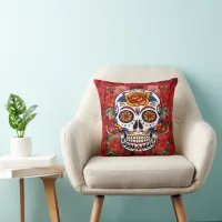 Sugar Skull Pink Red Roses Holidays Throw Pillow