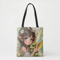 Cute Anime Fairy and Chibi Dragon  Tote Bag