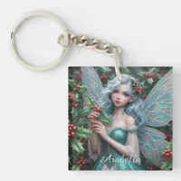 Beautiful December Fairy in Holly Keychain