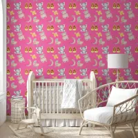 Boho Elephant Moon Buggy Bright Pink Girl Nursery Wallpaper