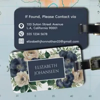 Elegant Navy Blue & Cream Floral Watercolor Travel Luggage Tag