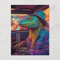 A psychedelic lizard in a vehicle  postcard