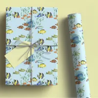 Cute Tropical Fish Cartoons, Blue Watercolor Wrapping Paper Sheets