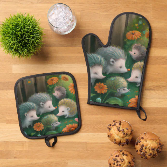 Whimsical Hedgehog Family Picnicking in the Garden Oven Mitt & Pot Holder Set