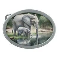 Watercolor Illustration of Mama and Baby Elephant Belt Buckle