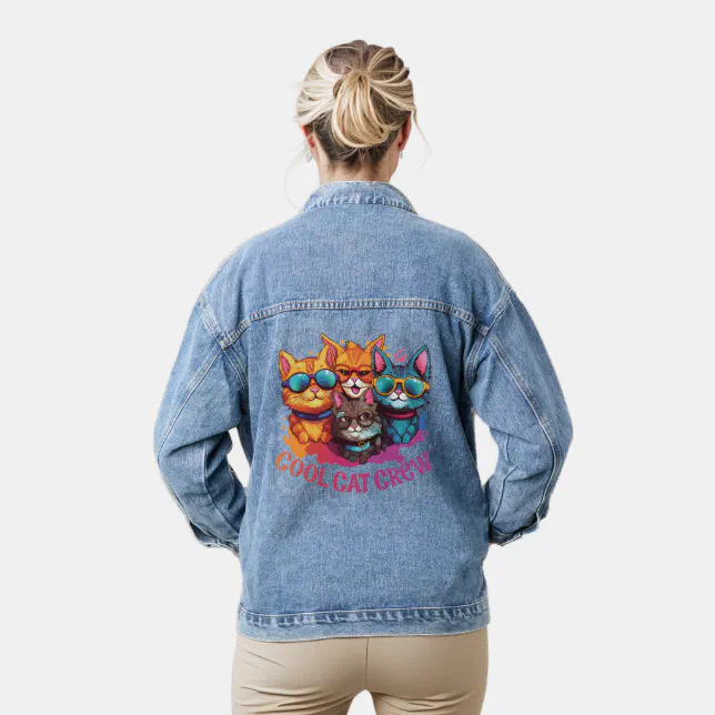 Cool Cat Crew Assorted Cats Wearing Sunglasses Denim Jacket