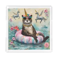 Whimsical Otter and Unicorns Floating on a River Acrylic Tray