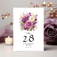 Mauve and Gold Floral Wedding Table Number