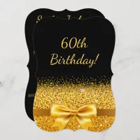 60th birthday party on black with gold bow sparkle invitation