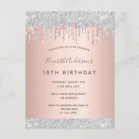 18th birthday silver glitter pink rose invitation postcard