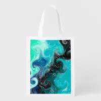 Teal, Blue and Black Fluid Art Marble Swirls    Grocery Bag