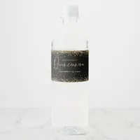 Trendy Gold Glitter Name Date Quinceañera Black Water Bottle Label