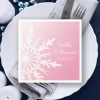 White Snowflake on Pink Winter Wedding Paper Napkins