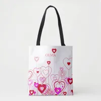 Purple red heart pattern white name tote bag