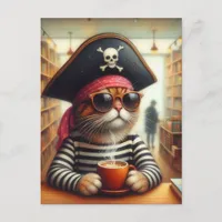 Sweet Kitty Pirate With a Coffee in a Bookshop Postcard