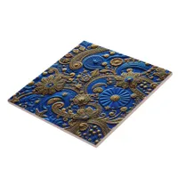 Beautiful Royal Blue & Gold Floral Abstract Ceramic Tile