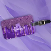 Fancy Chic Glam Purple Paint Drip Name Monogram Luggage Tag