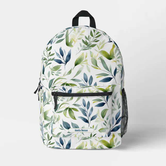 Watercolor Green & Blue Leaves Pattern Printed Backpack