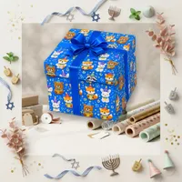 Cute Blue Watercolor Hanukkah Birthday Animal Wrapping Paper