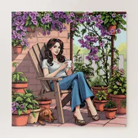 Pretty Lady Drinking Coffee Relaxing Outside Jigsaw Puzzle