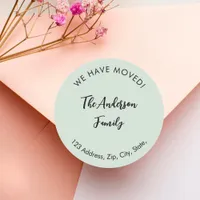 Sage green we have moved new address classic round sticker