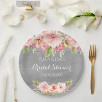 Bridal shower gray pink flowers rustic paper plates