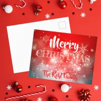 White Snowflakes Sparkles and Bokeh on Red  Postcard