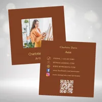 Rust brown photo QR code social media Square Business Card