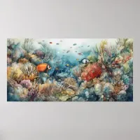 Coral reef and fishes watercolor