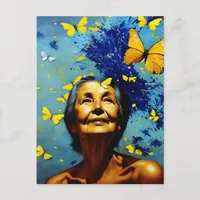 Elderly Woman With Butterflies Postcard