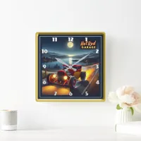 A fiery hot rod cruising by the moonlit lake square wall clock