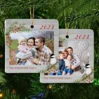 Christmas Chickadee Rustic Family 2 Photo Ceramic Ornament