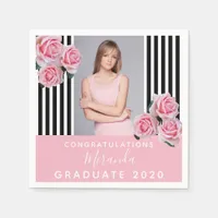 Black white stripes flowers photo graduate 2024 napkins